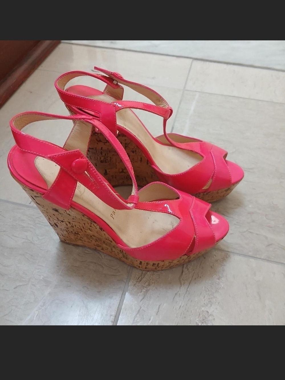 Christian Louboutin patent pink Marina cork wedge platform sandal heels